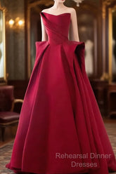 Ball Gown Strapless Burgundy Satin Semi Formal Prom Dresses Evening Dress